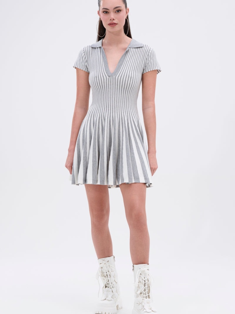 Light Gray Striped Knit Polo Dress